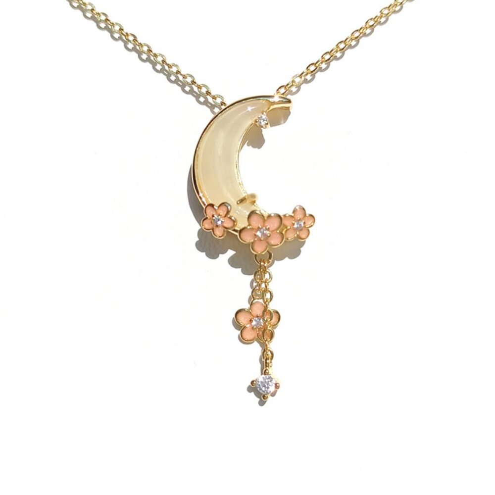 Silver 925 14K Gold Plated Moon Pendant Necklace -Natural White Jade 925 for Her